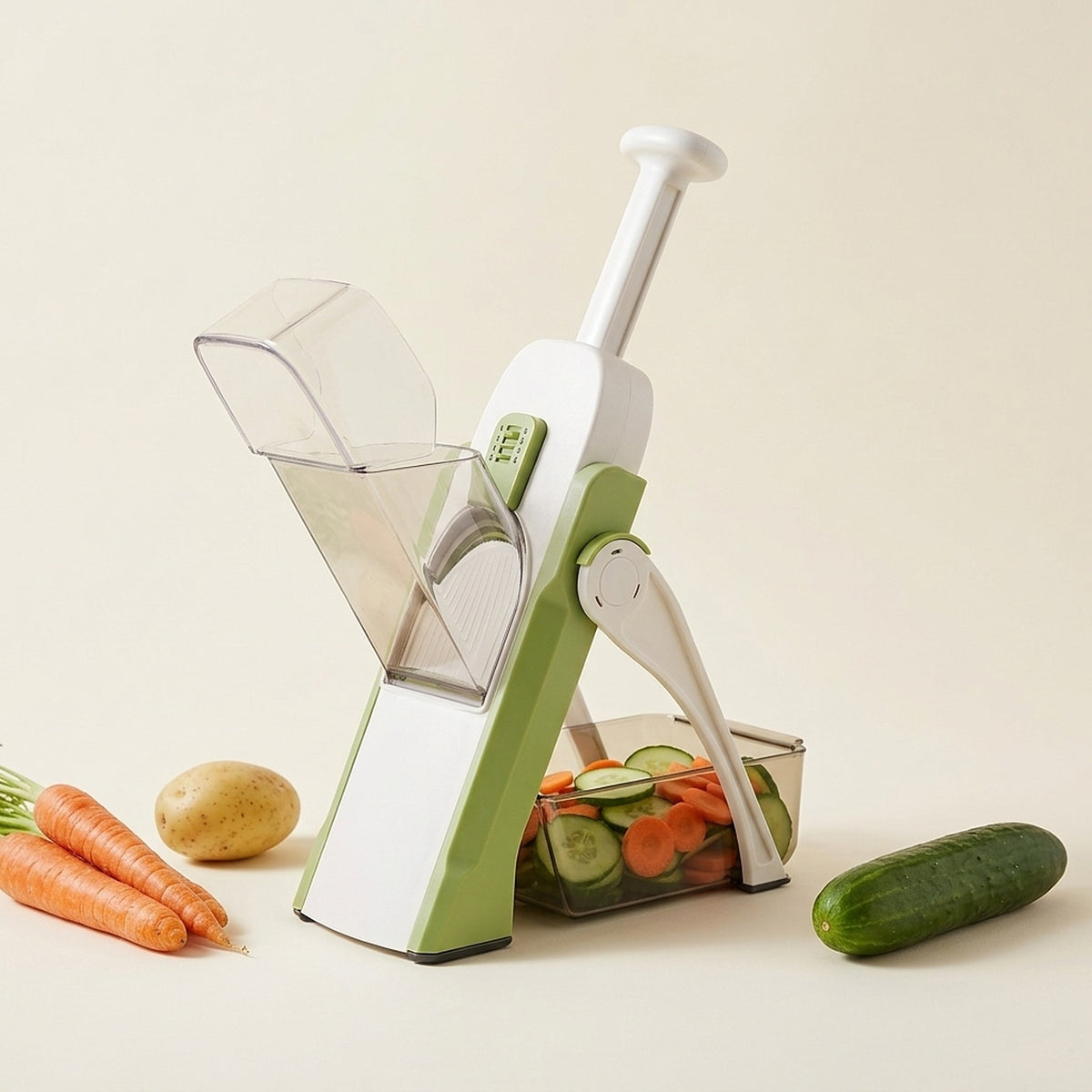Cortador de verduras instantáneo con contenedor, vista completa