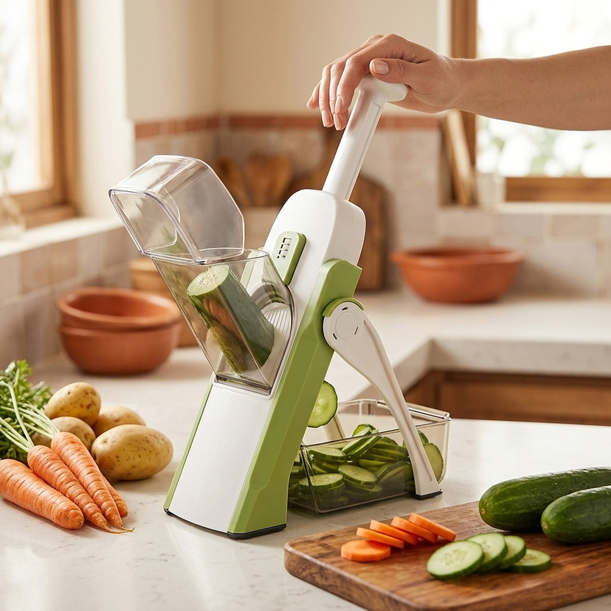 Cortador de verduras en uso: rodajas de pepino caen directo al contenedor